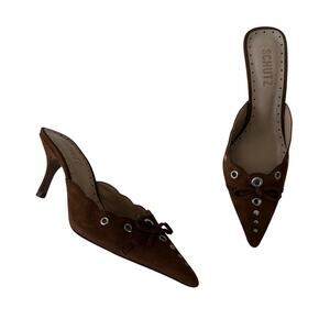 Schutz Caramel Brown Genuine Suede Pointed Toe Kitten Heel Sz 5 Bow Scallop